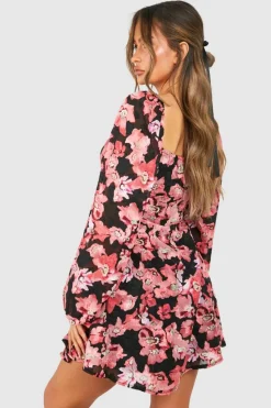 Smock Dresses*boohoo Textured Floral Balloon Sleeve Milkmaid Mini Dress pink