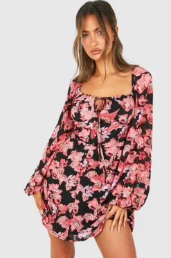 Smock Dresses*boohoo Textured Floral Balloon Sleeve Milkmaid Mini Dress pink