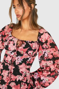 Smock Dresses*boohoo Textured Floral Balloon Sleeve Milkmaid Mini Dress pink