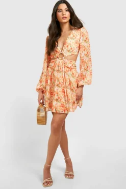 Smock Dresses*boohoo Textured Floral Cut Out Ring Detail Mini Dress orange