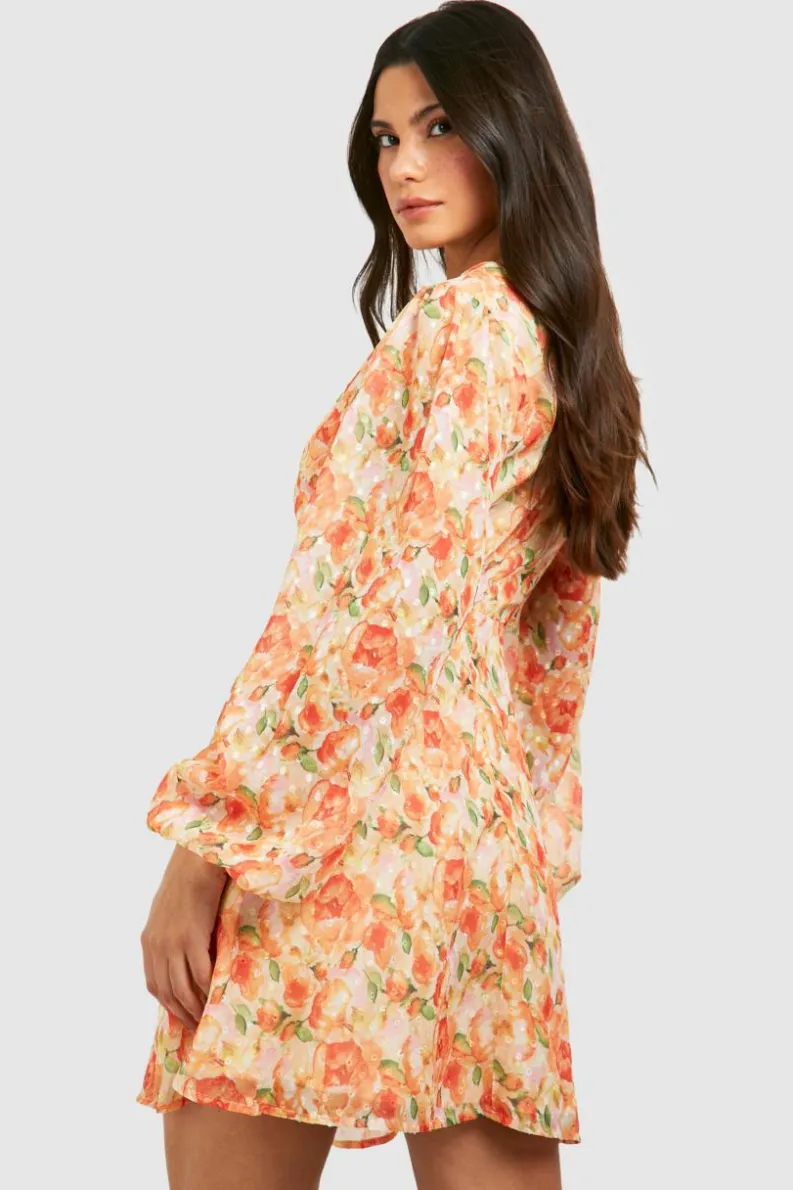 Smock Dresses*boohoo Textured Floral Cut Out Ring Detail Mini Dress orange