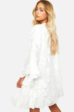 Smock Dresses*boohoo Textured Floral Ruffle Detail Smock Mini Dress white