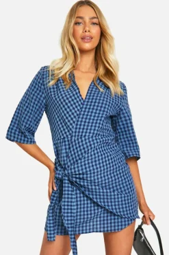 Wrap Dresses*boohoo Textured Gingham Wrap Dress blue