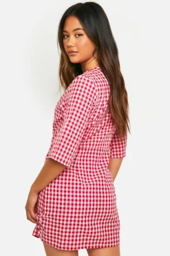 Wrap Dresses*boohoo Textu Gingham Wrap Dress red