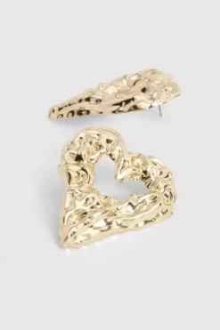 Earrings*boohoo Textured Heart Cut Out Earrings gold