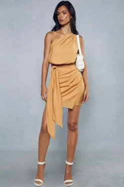 Blazer Dresses*MissPap Textured Linen Look Drape Detail Mini Dress mocha