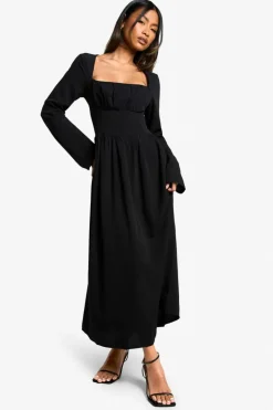 Skater Dresses*boohoo Textured Long Sleeve Milkmaid Midaxi Dress black