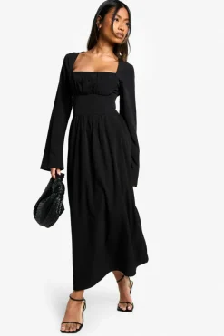 Skater Dresses*boohoo Textured Long Sleeve Milkmaid Midaxi Dress black