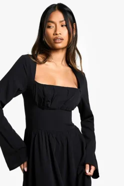Skater Dresses*boohoo Textured Long Sleeve Milkmaid Midaxi Dress black