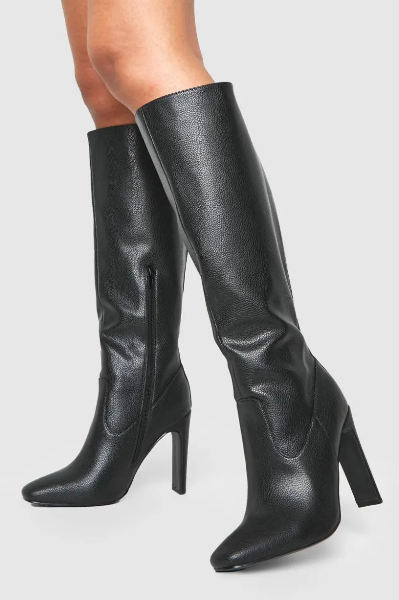 Over The Knee Boots|Heeled Boots*boohoo Textured Low Heel Pointed Knee High Boots black