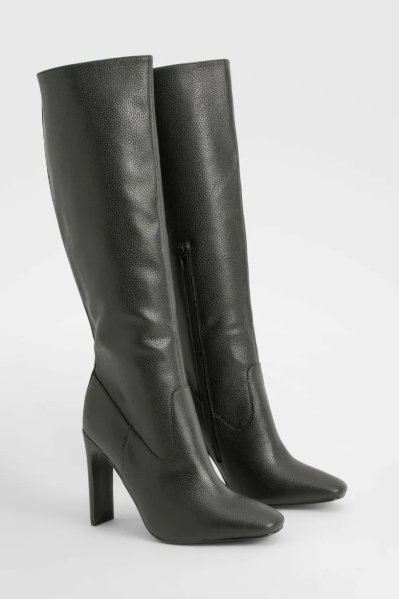 Over The Knee Boots|Heeled Boots*boohoo Textured Low Heel Pointed Knee High Boots black