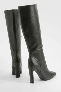 Over The Knee Boots|Heeled Boots*boohoo Textured Low Heel Pointed Knee High Boots black