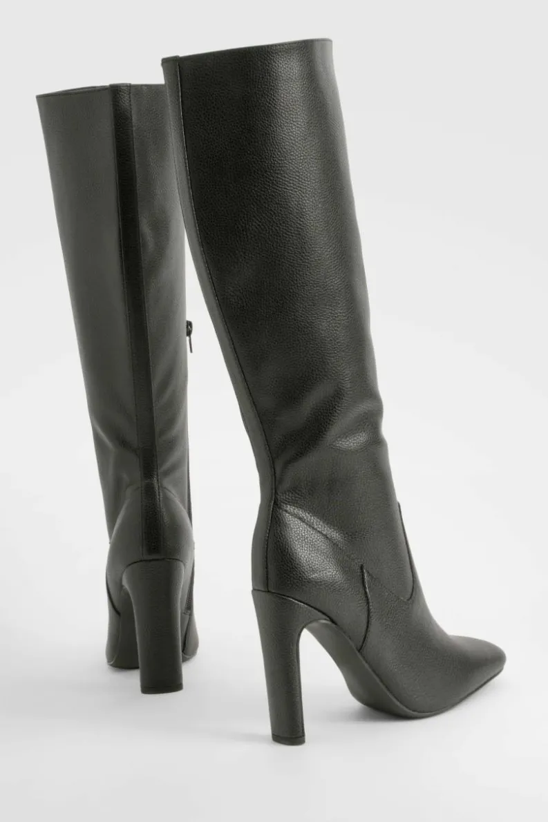 Over The Knee Boots|Heeled Boots*boohoo Textured Low Heel Pointed Knee High Boots black