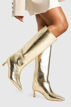 Over The Knee Boots|Knee High Boots*boohoo Textured Metallic Column Knee High Boots gold