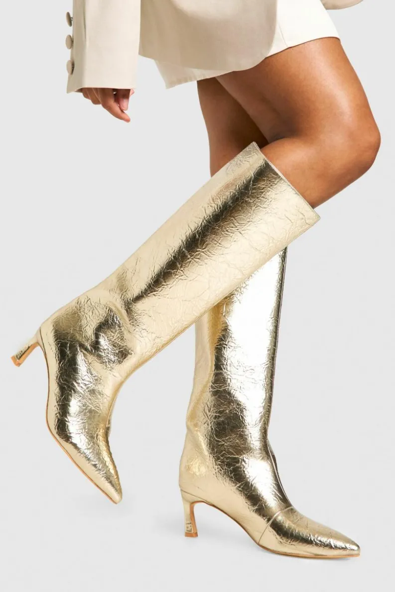 Over The Knee Boots|Knee High Boots*boohoo Textured Metallic Column Knee High Boots gold