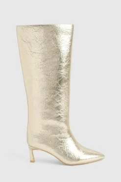 Over The Knee Boots|Knee High Boots*boohoo Textured Metallic Column Knee High Boots gold
