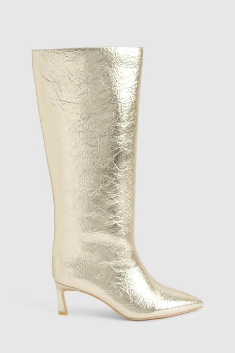 Over The Knee Boots|Knee High Boots*boohoo Textured Metallic Column Knee High Boots gold