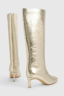 Over The Knee Boots|Knee High Boots*boohoo Textured Metallic Column Knee High Boots gold