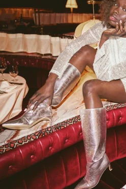 Over The Knee Boots|Knee High Boots*boohoo Textured Metallic Column Knee High Boots silver