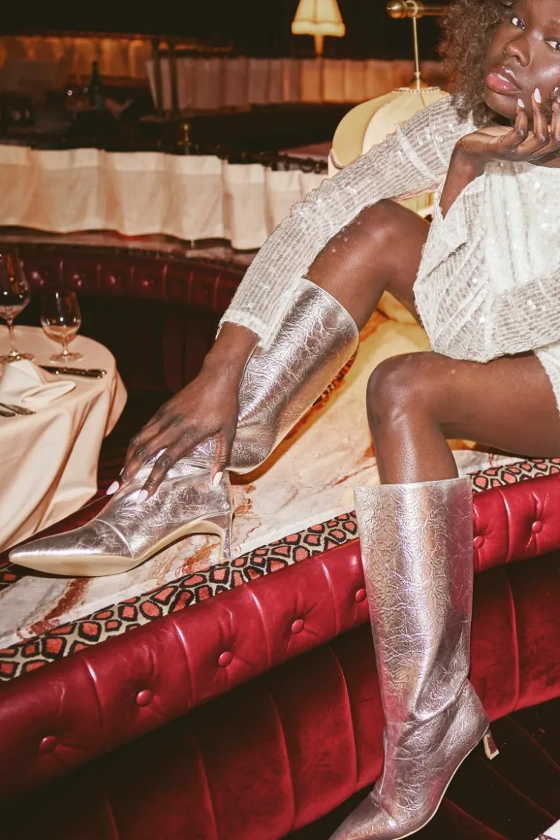 Over The Knee Boots|Knee High Boots*boohoo Textured Metallic Column Knee High Boots silver
