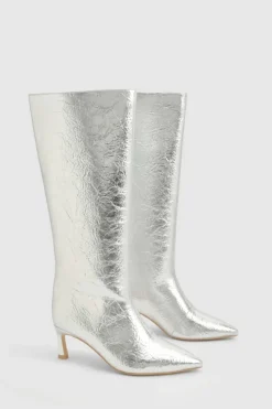 Over The Knee Boots|Knee High Boots*boohoo Textured Metallic Column Knee High Boots silver