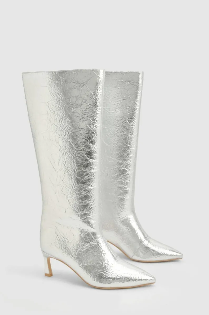 Over The Knee Boots|Knee High Boots*boohoo Textured Metallic Column Knee High Boots silver
