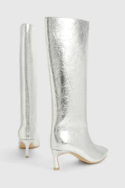 Over The Knee Boots|Knee High Boots*boohoo Textured Metallic Column Knee High Boots silver