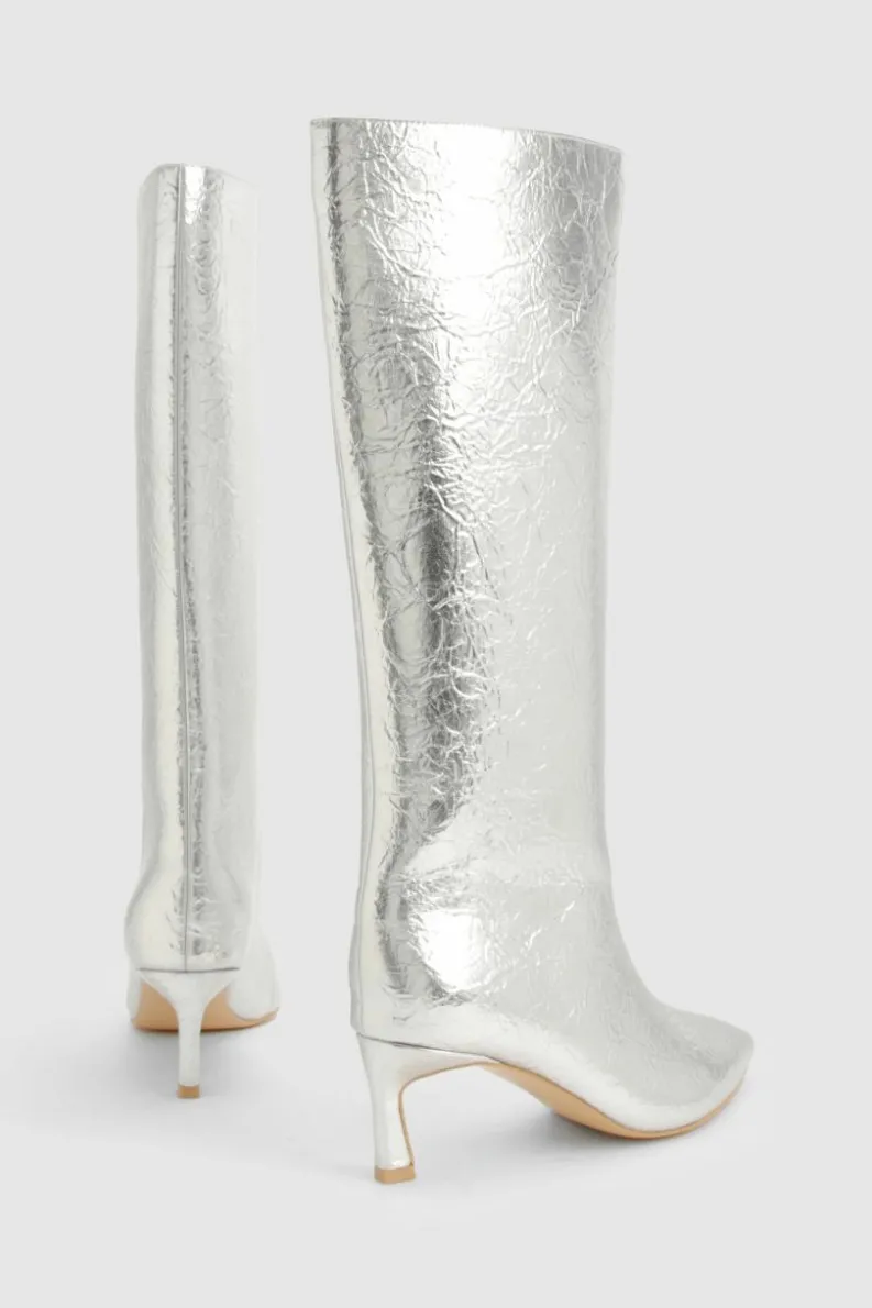 Over The Knee Boots|Knee High Boots*boohoo Textured Metallic Column Knee High Boots silver
