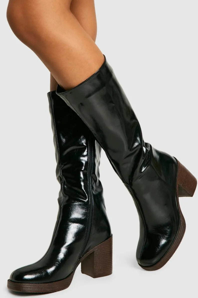 Over The Knee Boots|Knee High Boots*boohoo Textured Patent Heeled Knee High Boots black