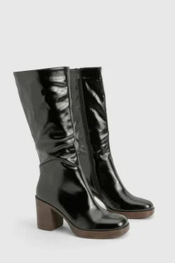 Over The Knee Boots|Knee High Boots*boohoo Textured Patent Heeled Knee High Boots black