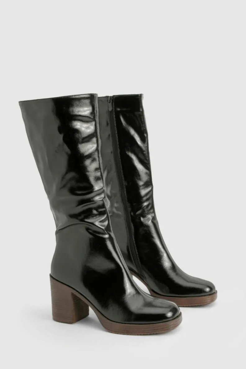 Over The Knee Boots|Knee High Boots*boohoo Textured Patent Heeled Knee High Boots black