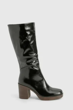 Over The Knee Boots|Knee High Boots*boohoo Textured Patent Heeled Knee High Boots black