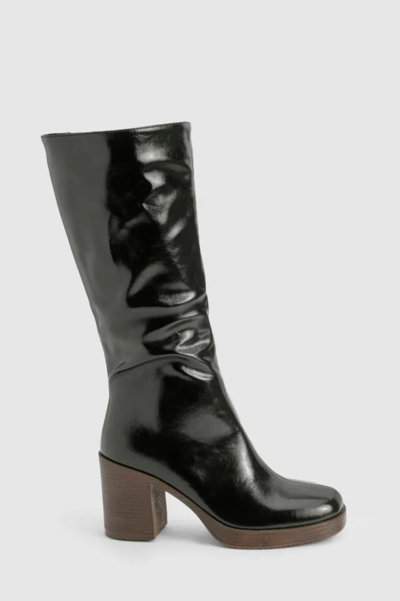 Over The Knee Boots|Knee High Boots*boohoo Textured Patent Heeled Knee High Boots black