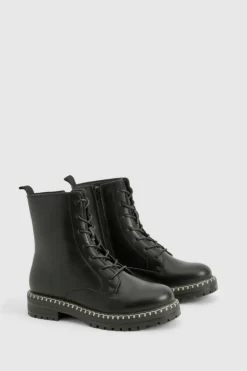 Biker Boots|All Boots*boohoo Textured Pu Lace Up Hiker Boots black