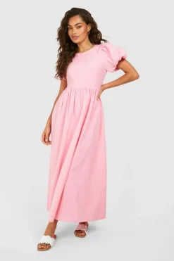 Midi Dresses*boohoo Textured Puff Sleeve Midi Dress pink