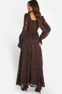 Skater Dresses|Maxi Dresses*boohoo Textured Puff Sleeve Milkmaid Maxi Dress chocolate