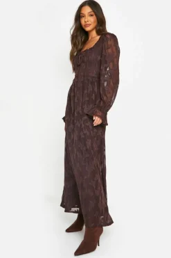 Skater Dresses|Maxi Dresses*boohoo Textured Puff Sleeve Milkmaid Maxi Dress chocolate