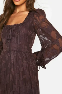 Skater Dresses|Maxi Dresses*boohoo Textured Puff Sleeve Milkmaid Maxi Dress chocolate