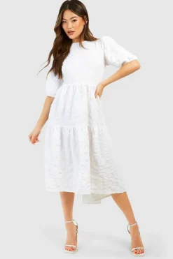 Smock Dresses|Midi Dresses*boohoo Textured Puff Sleeve Tiered Midi Dress white