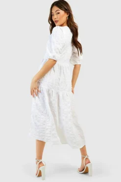 Smock Dresses|Midi Dresses*boohoo Textured Puff Sleeve Tiered Midi Dress white