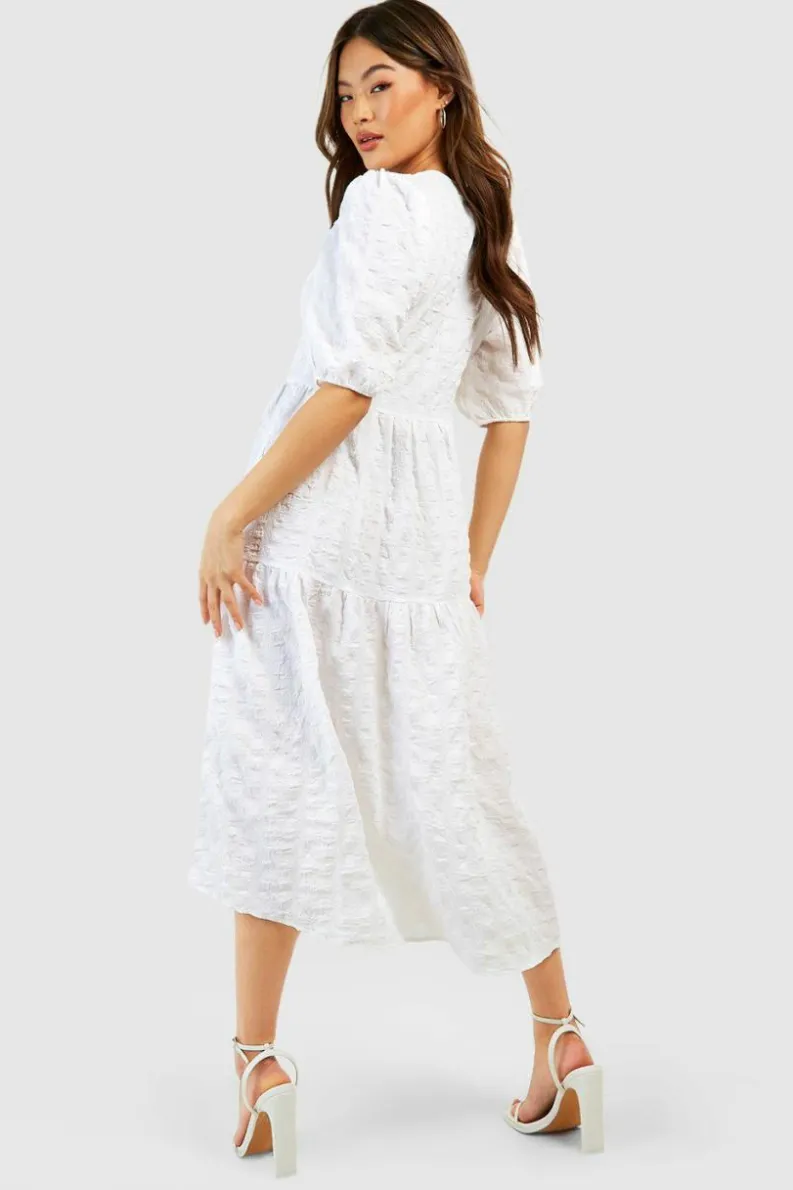 Smock Dresses|Midi Dresses*boohoo Textured Puff Sleeve Tiered Midi Dress white