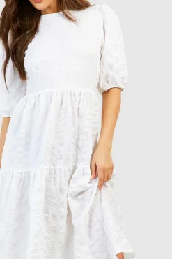 Smock Dresses|Midi Dresses*boohoo Textured Puff Sleeve Tiered Midi Dress white