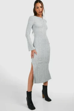 Midi Dresses*boohoo Textured Rib Flare Sleeve Split Leg Midi Dress grey marl