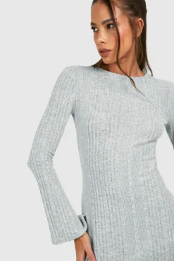 Midi Dresses*boohoo Textured Rib Flare Sleeve Split Leg Midi Dress grey marl