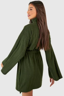 Skater Dresses|Mini Dresses*boohoo Textured Rib Roll Neck Skater Dress khaki