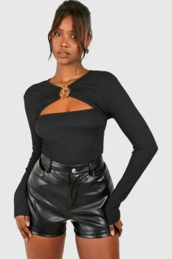 Long Sleeve Tops*boohoo Textured Ring Detail Cut Out Long Sleeve Top black