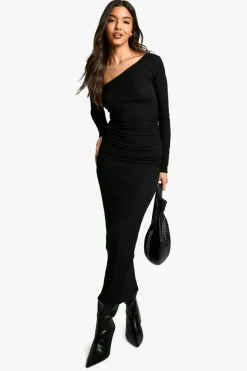 Maxi Dresses*boohoo Textured Ruched Asymmetric Maxi Dress black