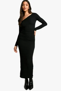 Maxi Dresses*boohoo Textured Ruched Asymmetric Maxi Dress black