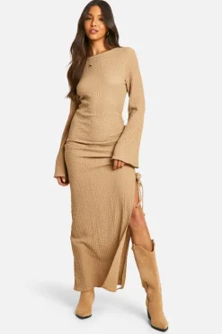 Maxi Dresses*boohoo textured ruched flare sleeve maxi dress stone