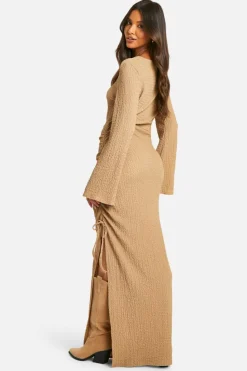 Maxi Dresses*boohoo textured ruched flare sleeve maxi dress stone